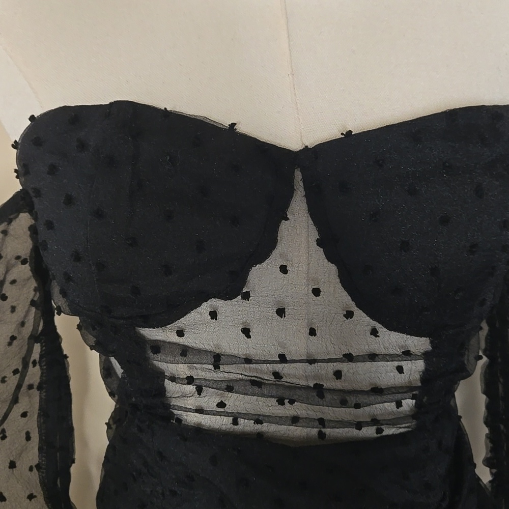 Boohoo Black Sheer Swiss Dot Mini Dress – Ruched Mesh Long Sleeve Size 2 - Picture 6 of 9